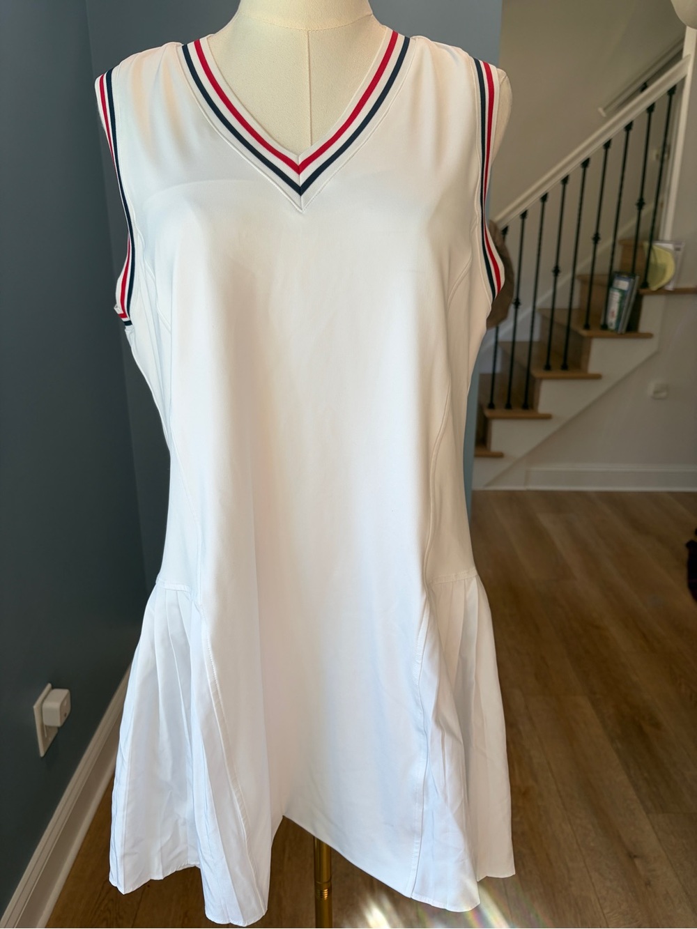 Tuckernuck Sport White Pleated Tennis Dress Red Navy Stripe XL